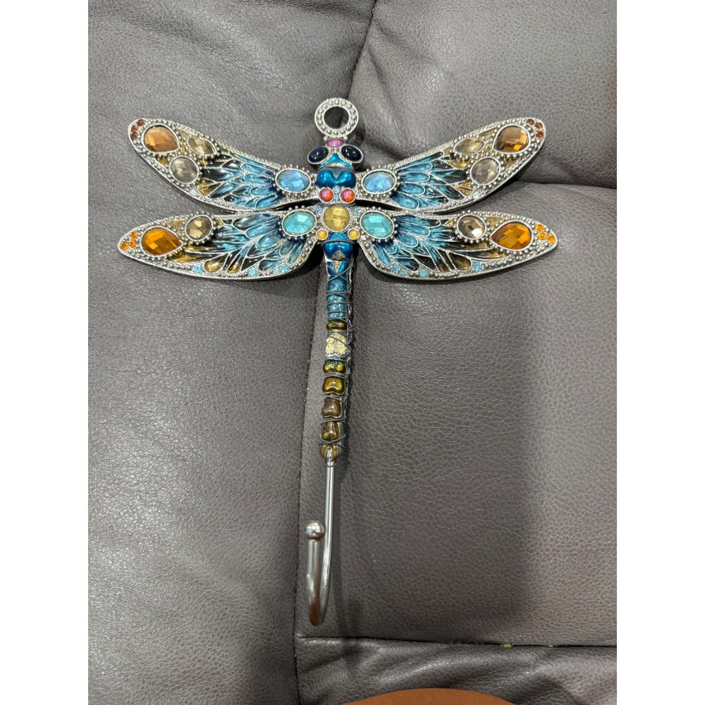 Jeweled Dragonfly Wall Hook Blue Enamel Crystal Art Nouveau Decorative Hanger